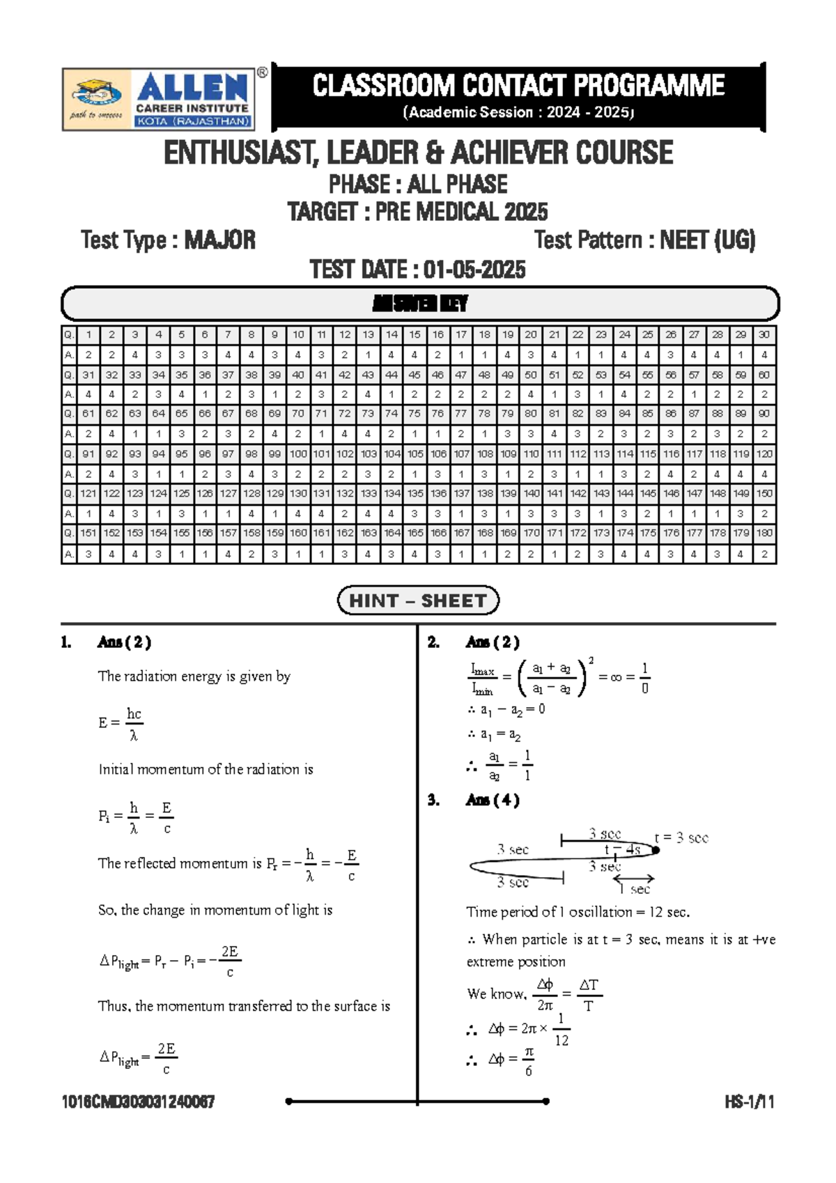 CLASSROOM CONTACT PROGRAMME: NEET (UG) Test Pattern & Answer Key 2024 ...