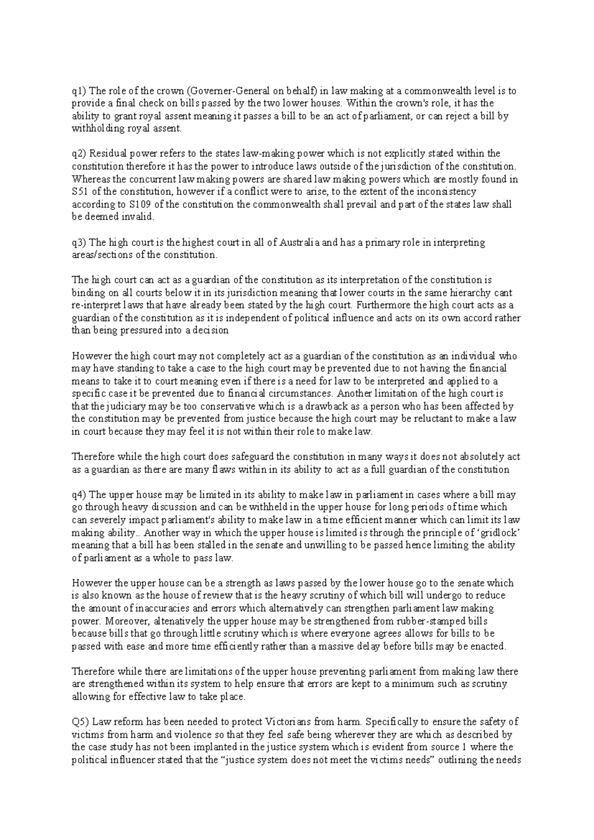 Legal SAC Answers: The Role of the Crown and High Court in Law Making ...