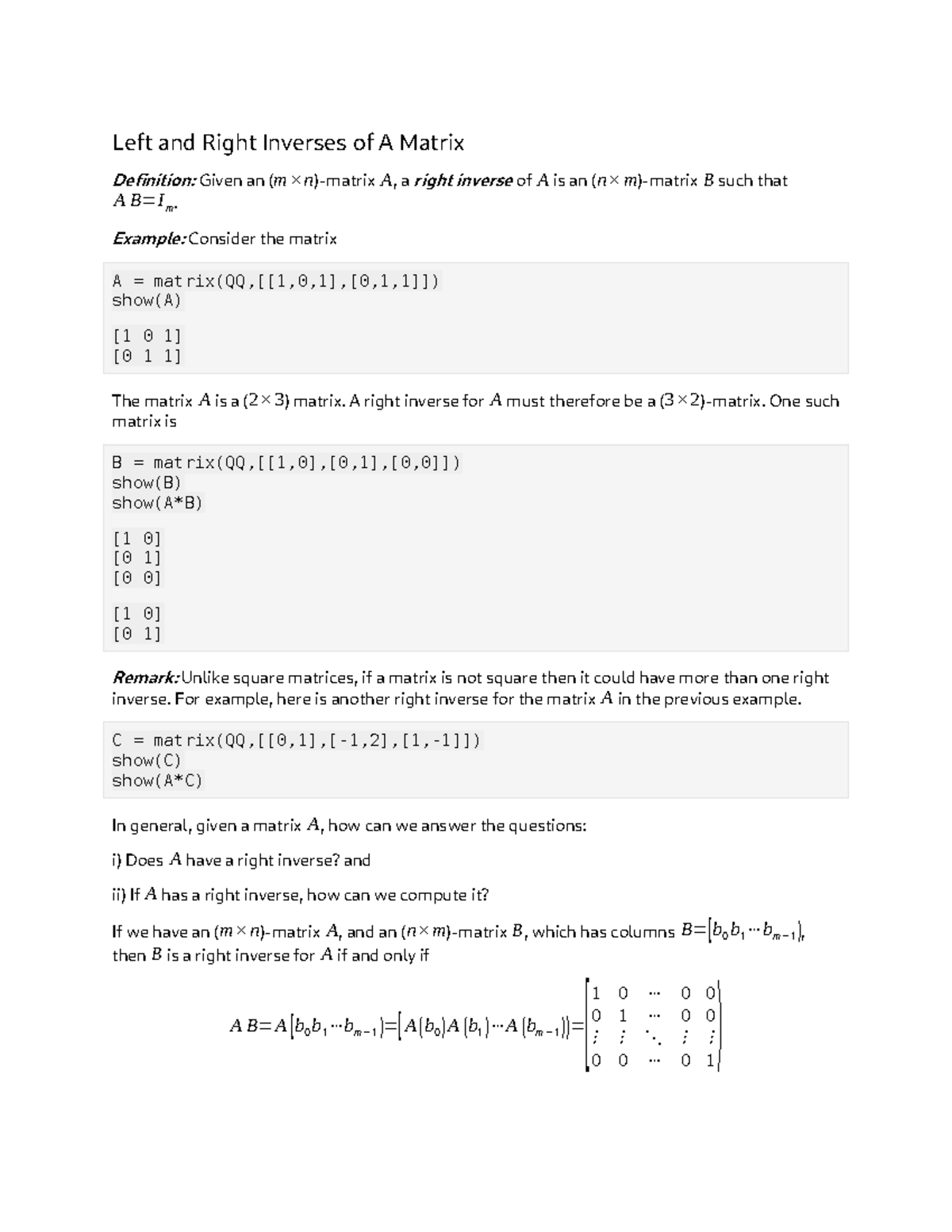 Left and Right Inverses of a Matrix - MATH 101 Lecture Notes - Studocu