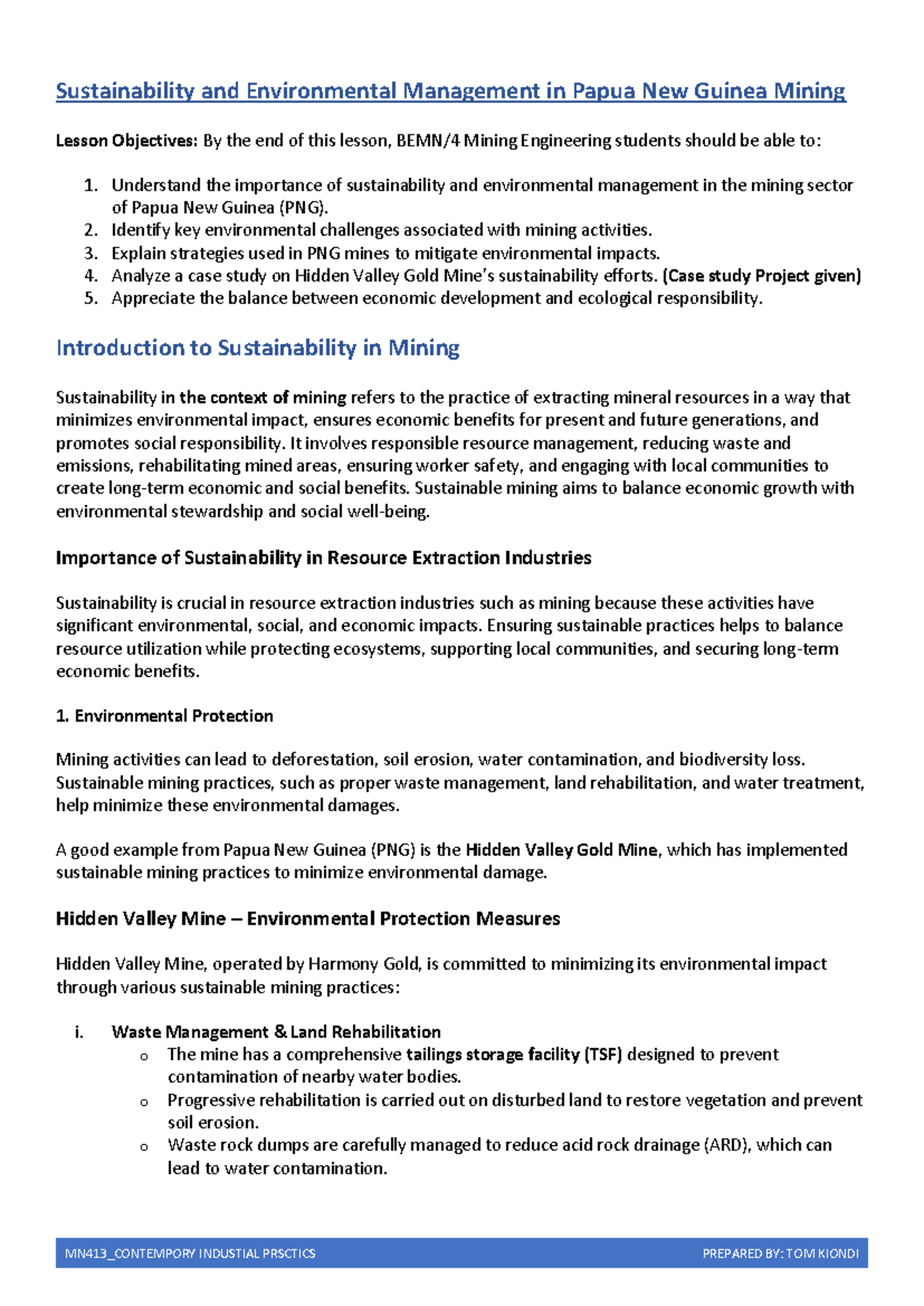 MN413 Sustainability & Environmental Management in PNG Mining: Lesson ...