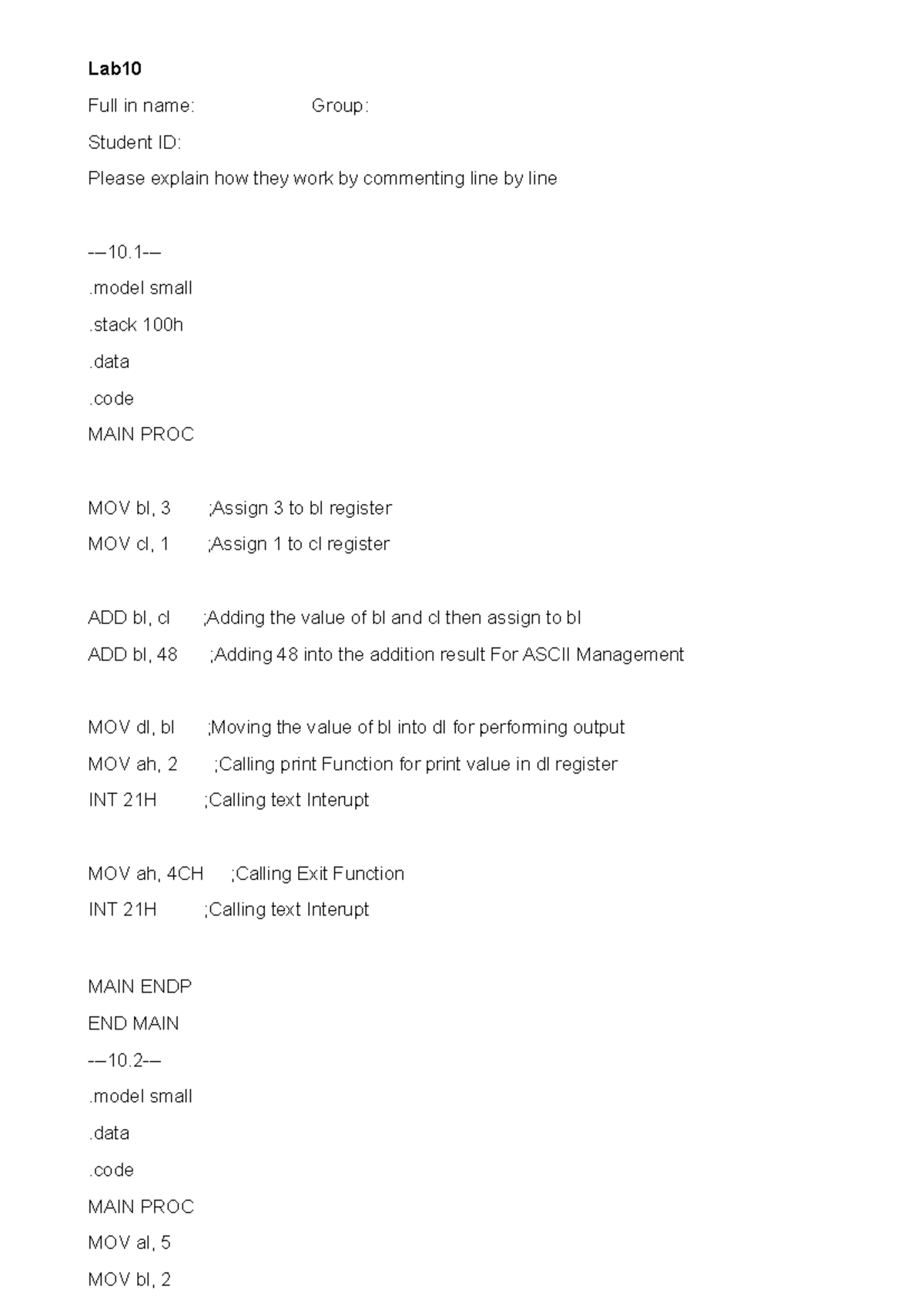 Lab10 - Assembly Language Program Explanation and Comments - Studocu