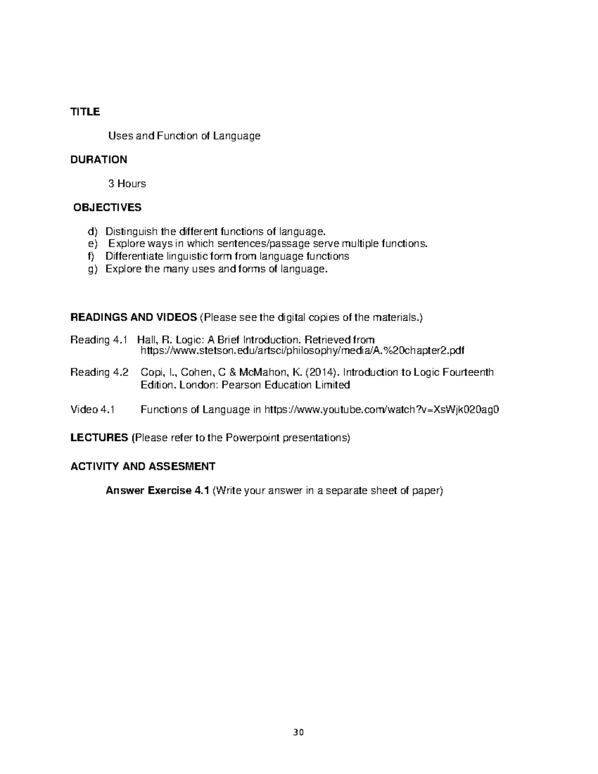 Activity 4 - Uses and Functions of Language in Logic (ENG 101) - Studocu