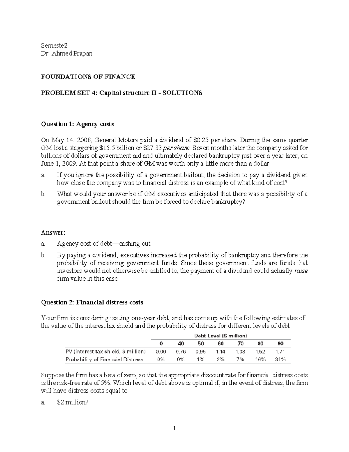 FOUNDATIONS OF FINANCE (FIN 101) PROBLEM SET 4 SOLUTIONS - Studocu