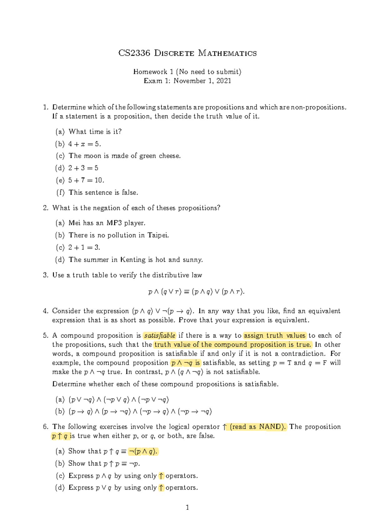 Assign 1 - lecture - CS2336 Discrete Mathematics Homework 1 (No need to ...