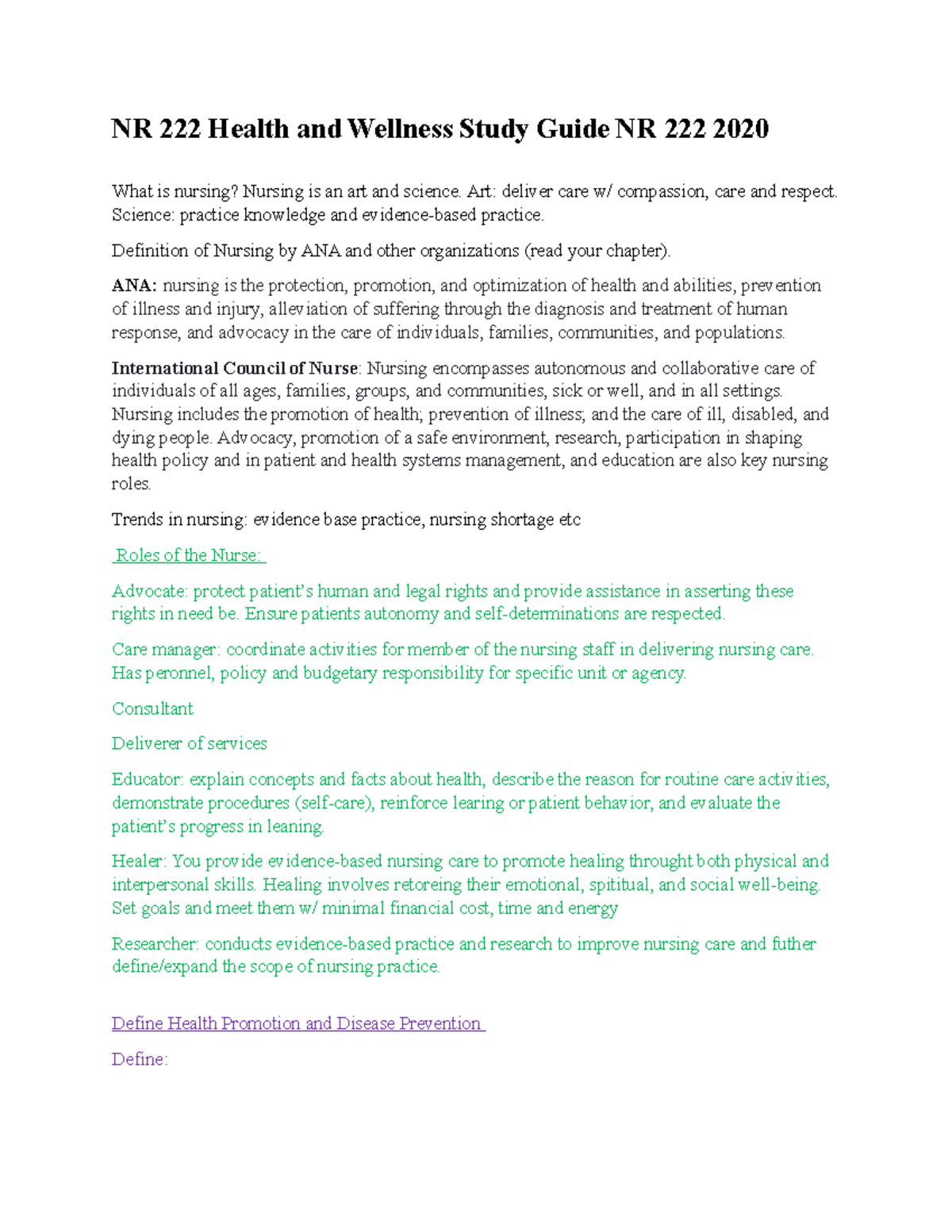 NR 222 Health and Wellness Study Guide for Exam 1 - 2020 Edition - Studocu