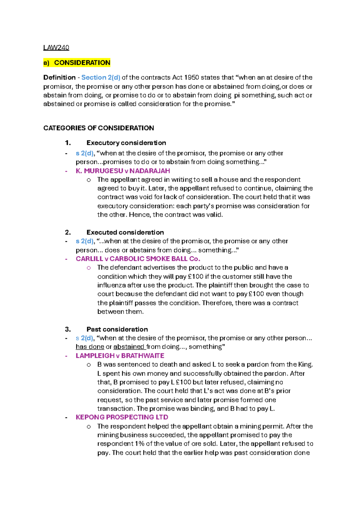 LAW240: Understanding Consideration in Contract Law - Studocu