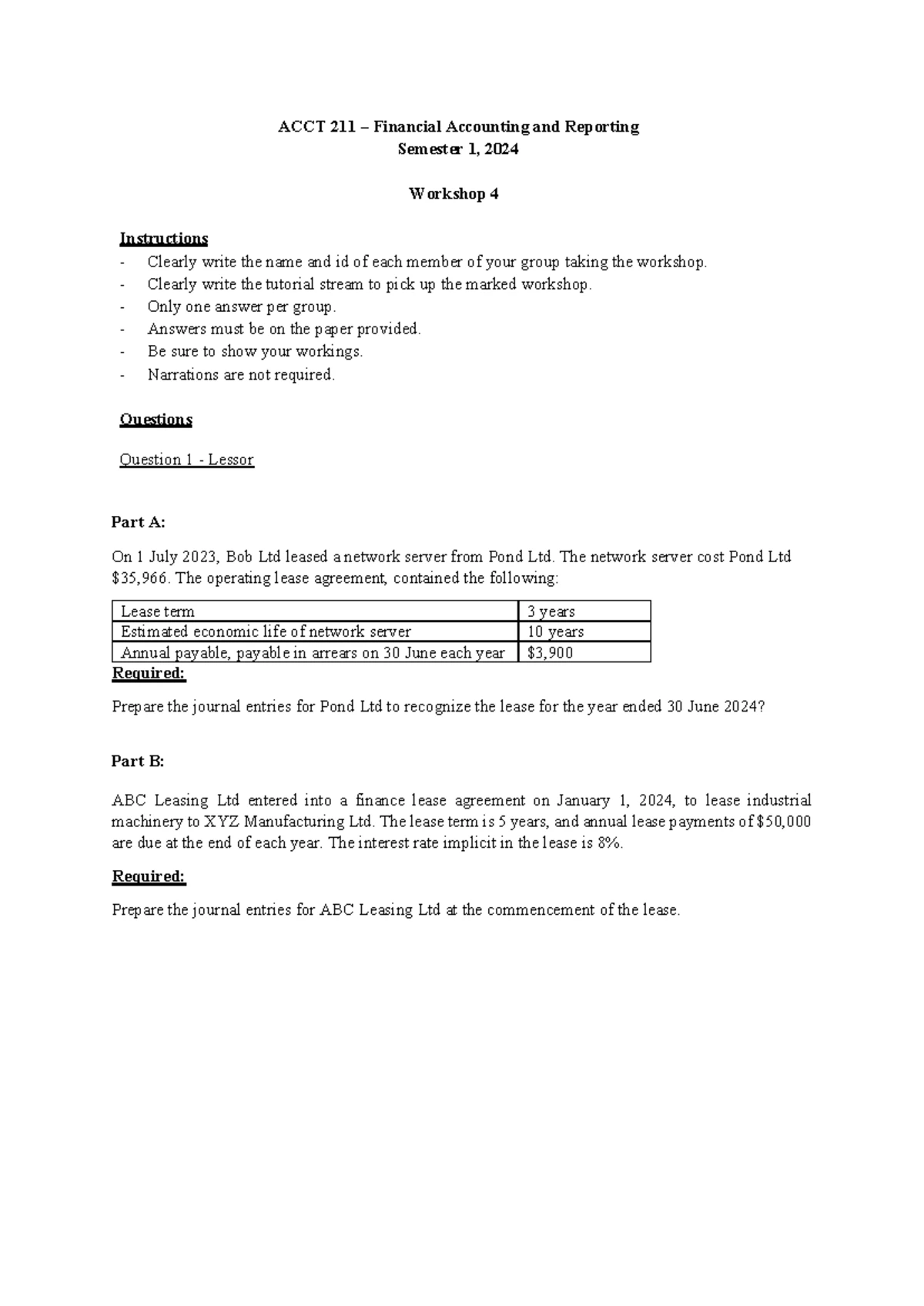 ACCT 211 Financial Accounting & Reporting Workshop 4 Solutions - Studocu