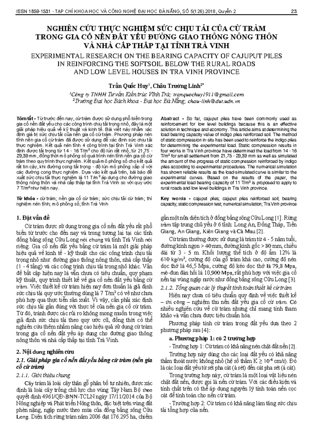 Nghiên cứu thực nghiệm sức chịu tải cừ tràm cho công trình nông thôn tại Trà - Document Preview