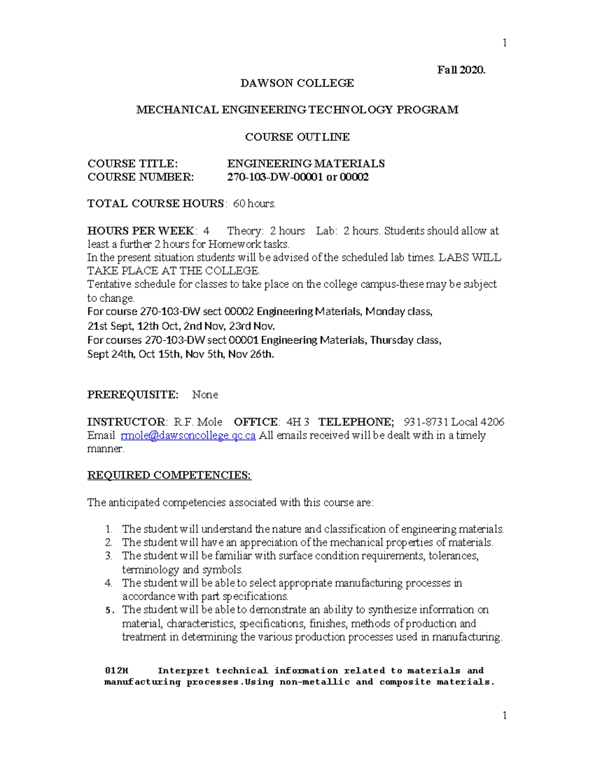 Final Exam: Eng. Mats. Thursday Class, Fall 2020 Notes and Key Concepts ...