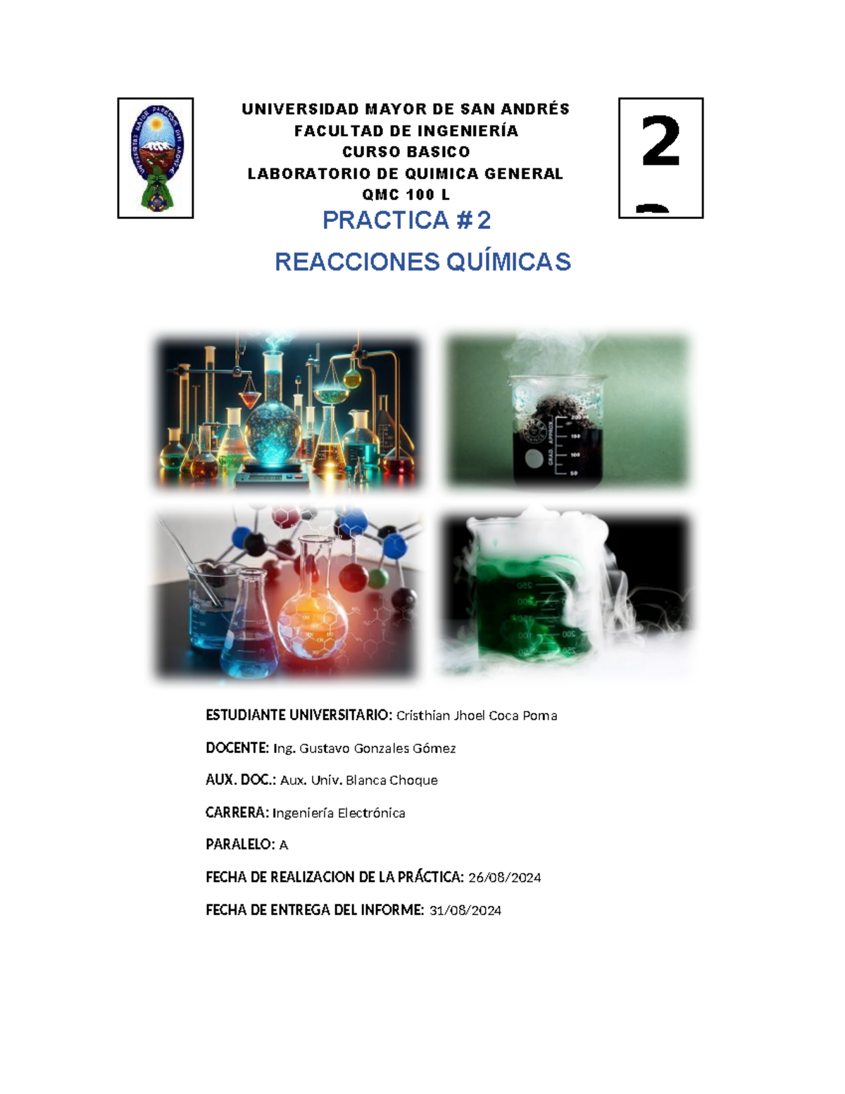 Cuestionario 2 de Laboratorio QMC 100 - Reacciones Químicas - Document Preview