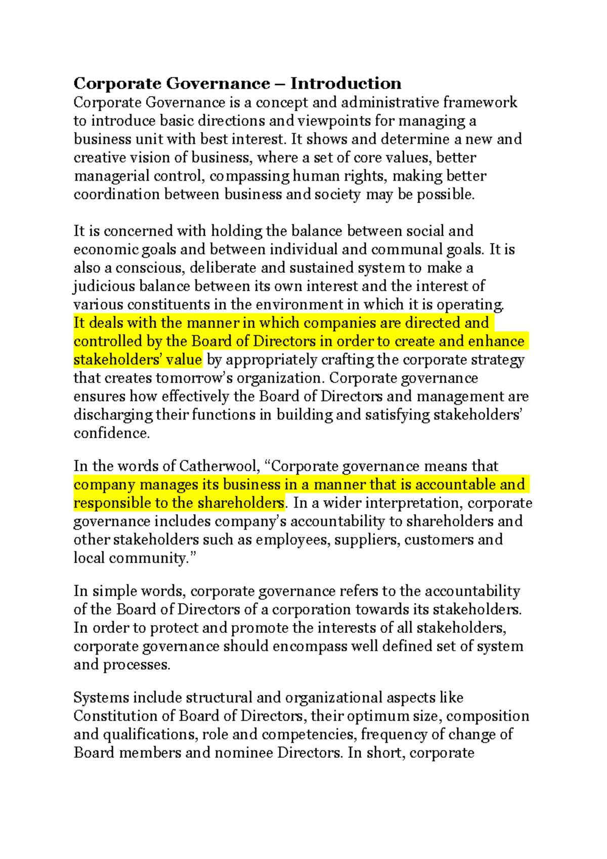 Corporate Governance Notes - Unit 1 Overview and Key Concepts - Studocu