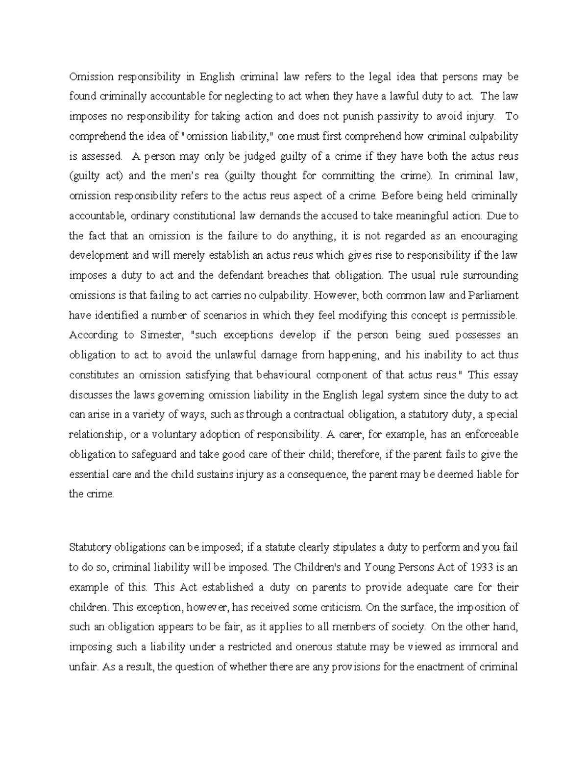 Omission Liability in English Criminal Law - ESSAY EXAMPLE - Studocu