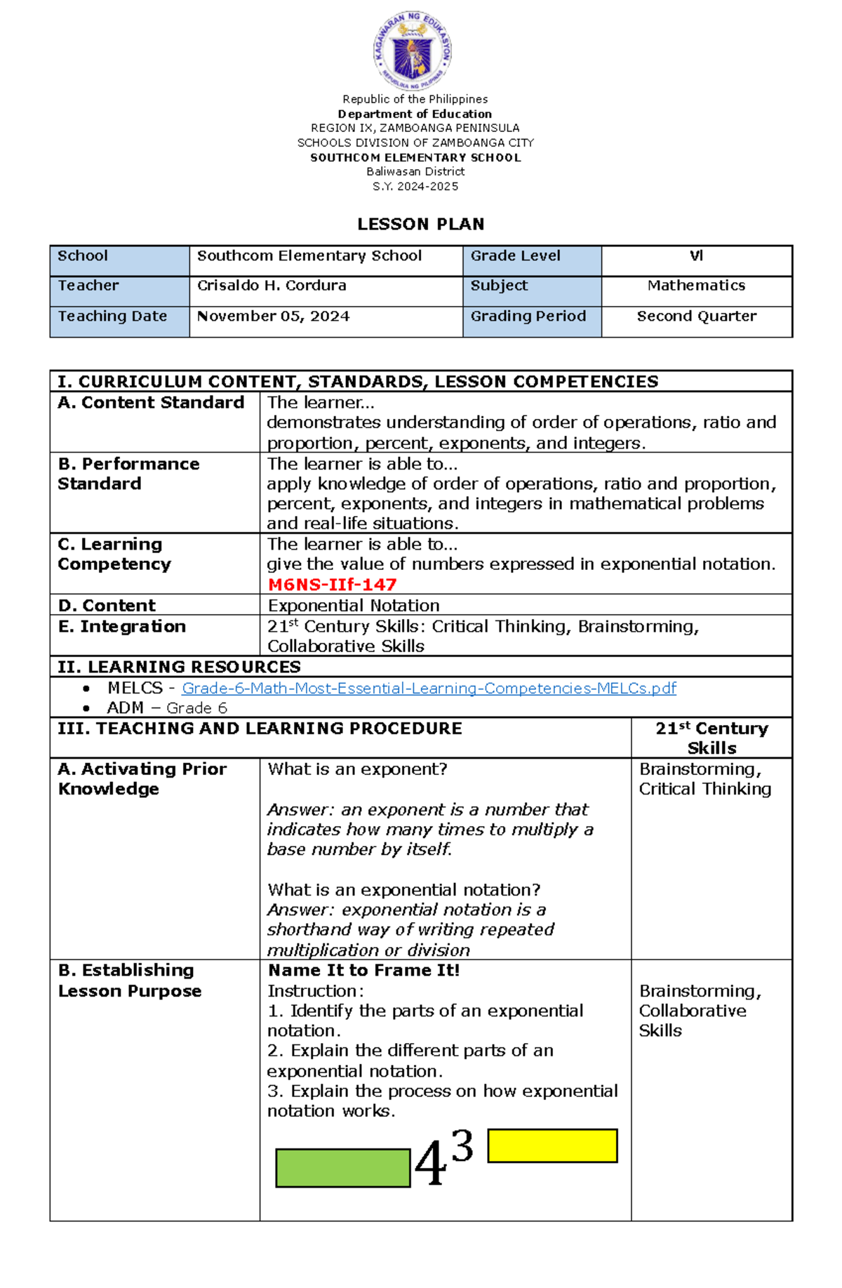 Mathematics 6 Lesson Plan Understanding Exponential Notation Studocu