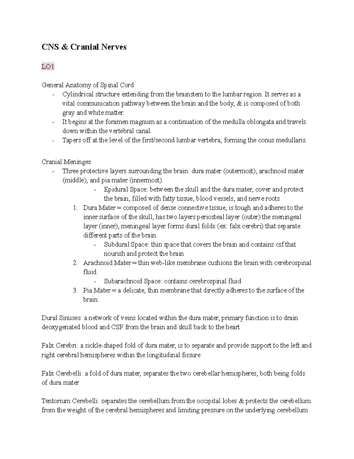 BI231: Final Exam Review on CNS, Cranial Nerves & Spinal Anatomy - CNS ...