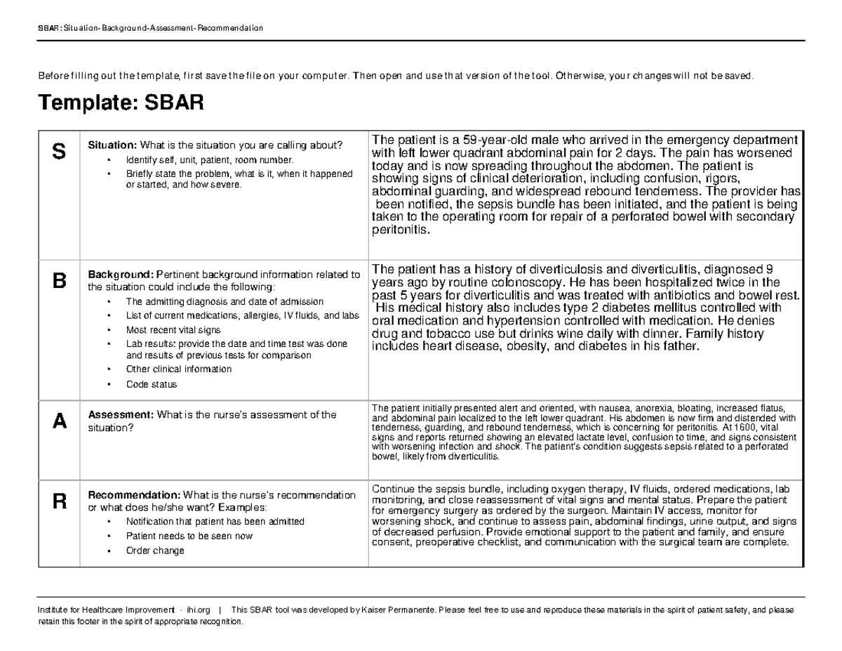 SBAR Template for Patient Shock Assessment and Management - Studocu