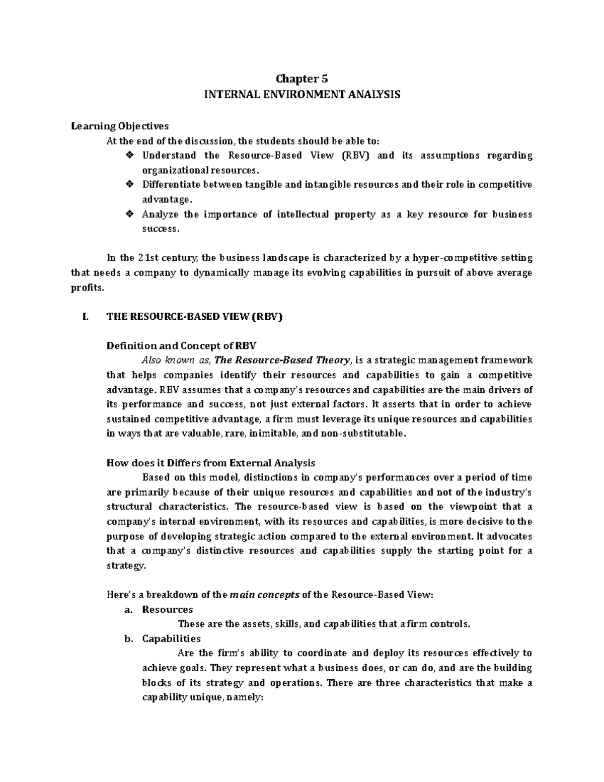 SBA- Reporting- Outline: Chapter 5 Internal Environment Analysis - Studocu