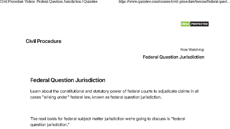 Civil Procedure Videos: Federal Question Jurisdiction Overview - Studocu