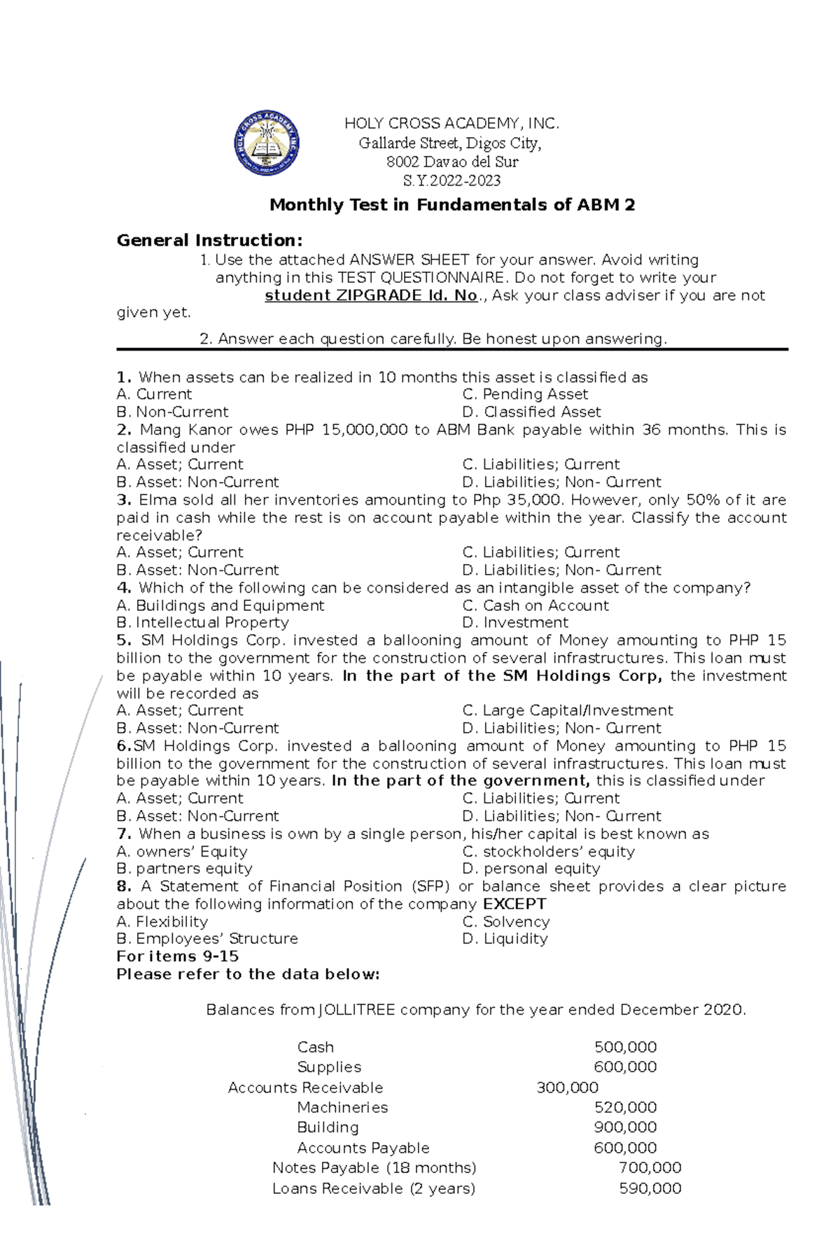 FABM2 EXAM W4 Prelim - A test for FABM Week 1-3 - HOLY CROSS ACADEMY ...
