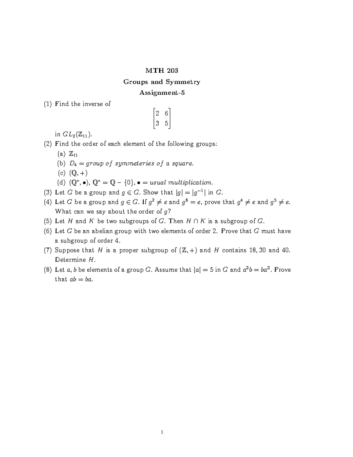 MTH 203 Assignment 5 - Group Theory Questions and Solutions - Studocu