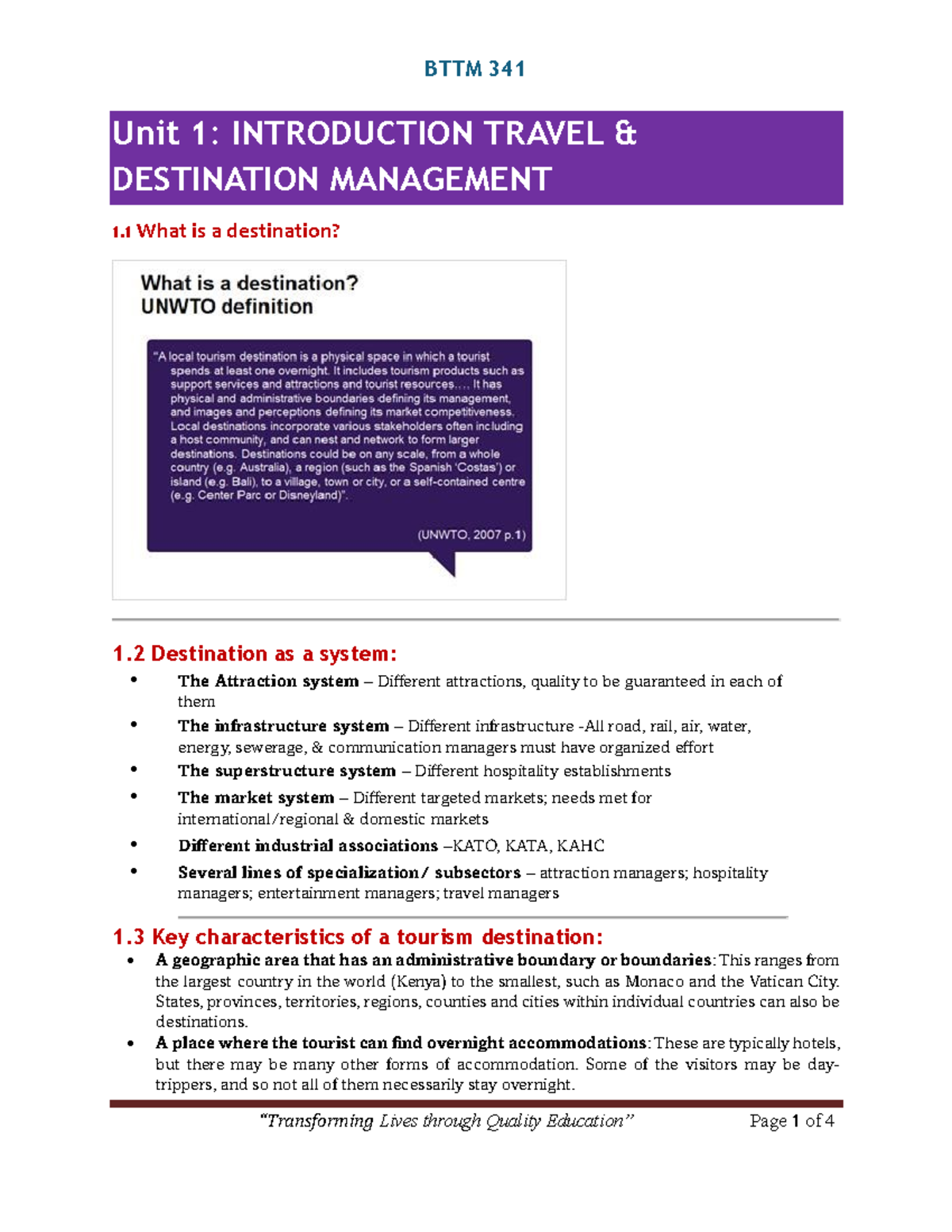 BTTM 341 Unit 1: Introduction to Travel Destination Management - Studocu