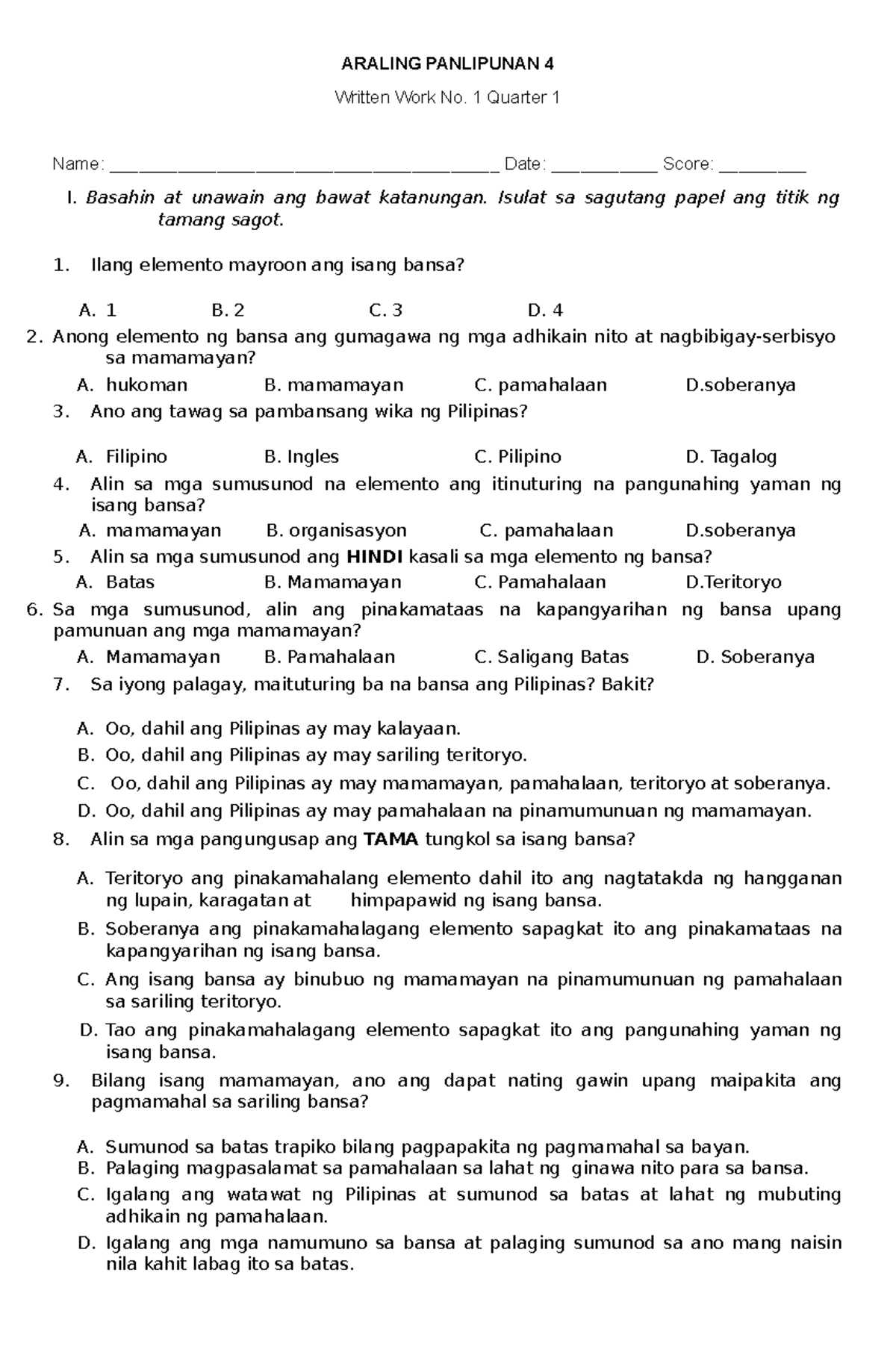 ST AP 4 NO - First Quarter Exam on Araling Panlipunan 4 Concepts - Studocu