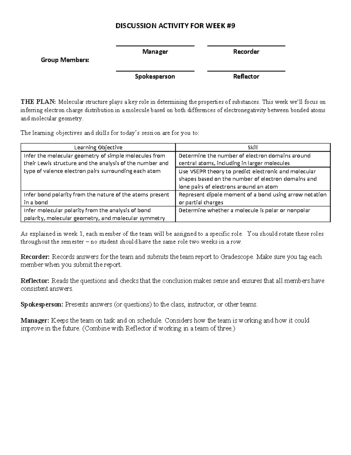 Pchem 1 Discussion 9: Analyzing Molecular Geometry and Polarity - Studocu