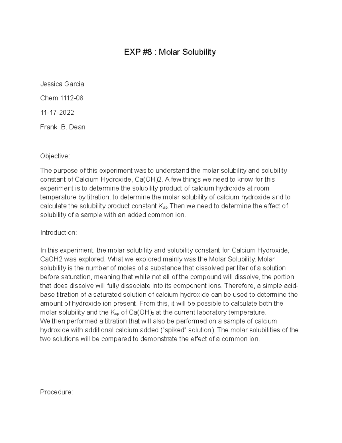 Chem 1112 EXP #8: Understanding Molar Solubility of Ca(OH)₂ - Studocu