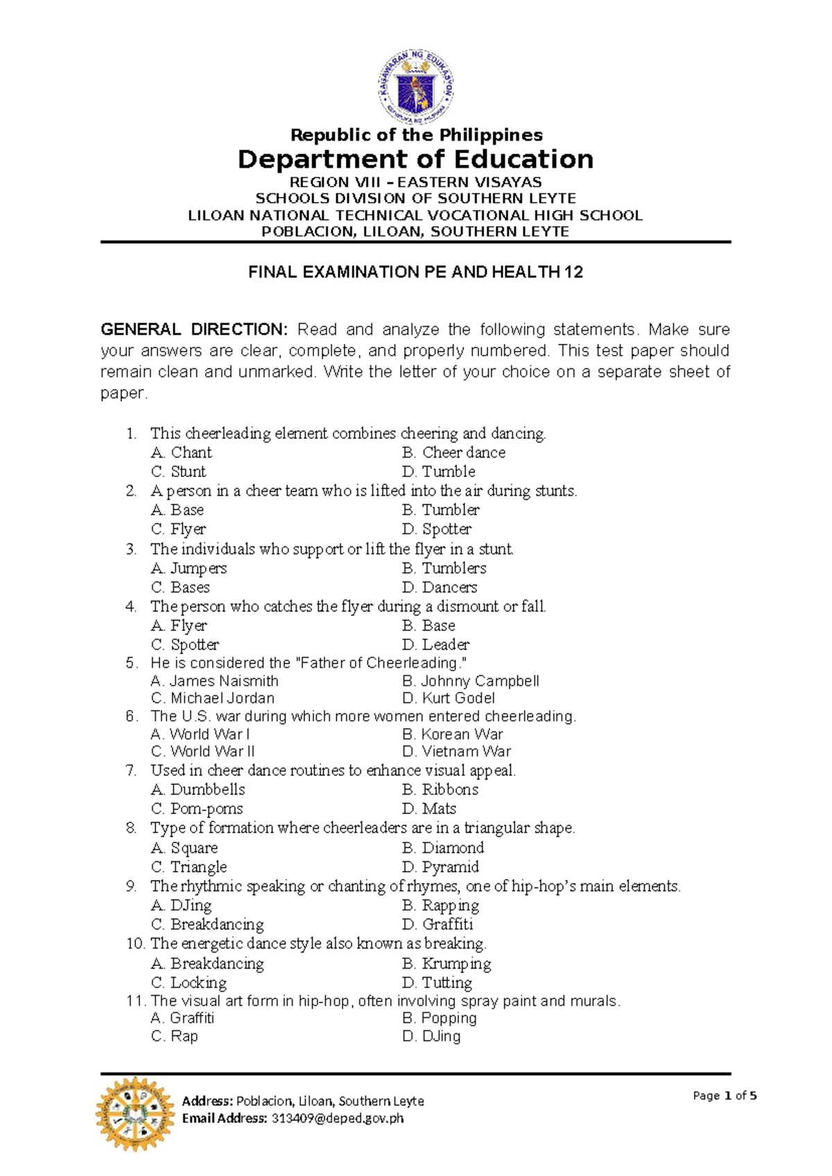 PE 12 Final Exam: Health & Fitness Concepts and Activities - Studocu
