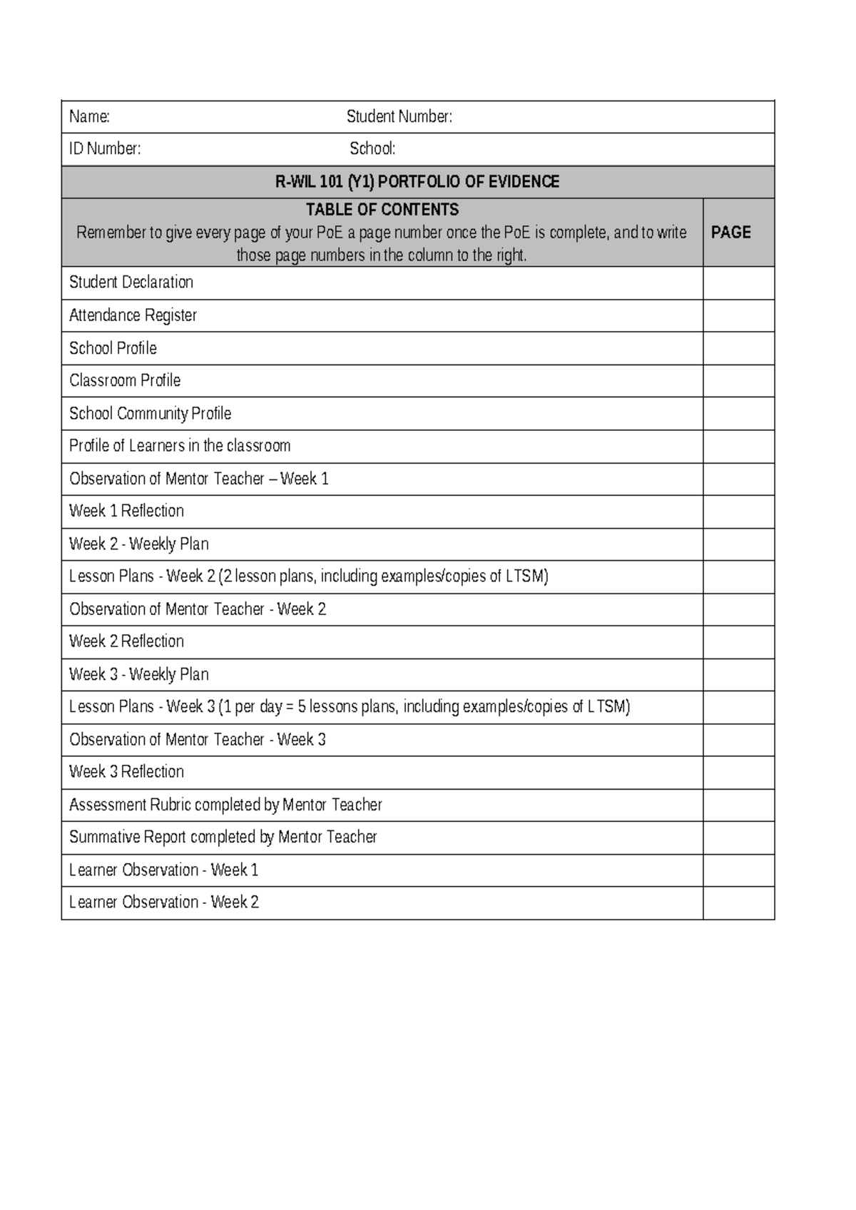 R-WIL 101 Portfolio of Evidence: Table of Contents - Studocu