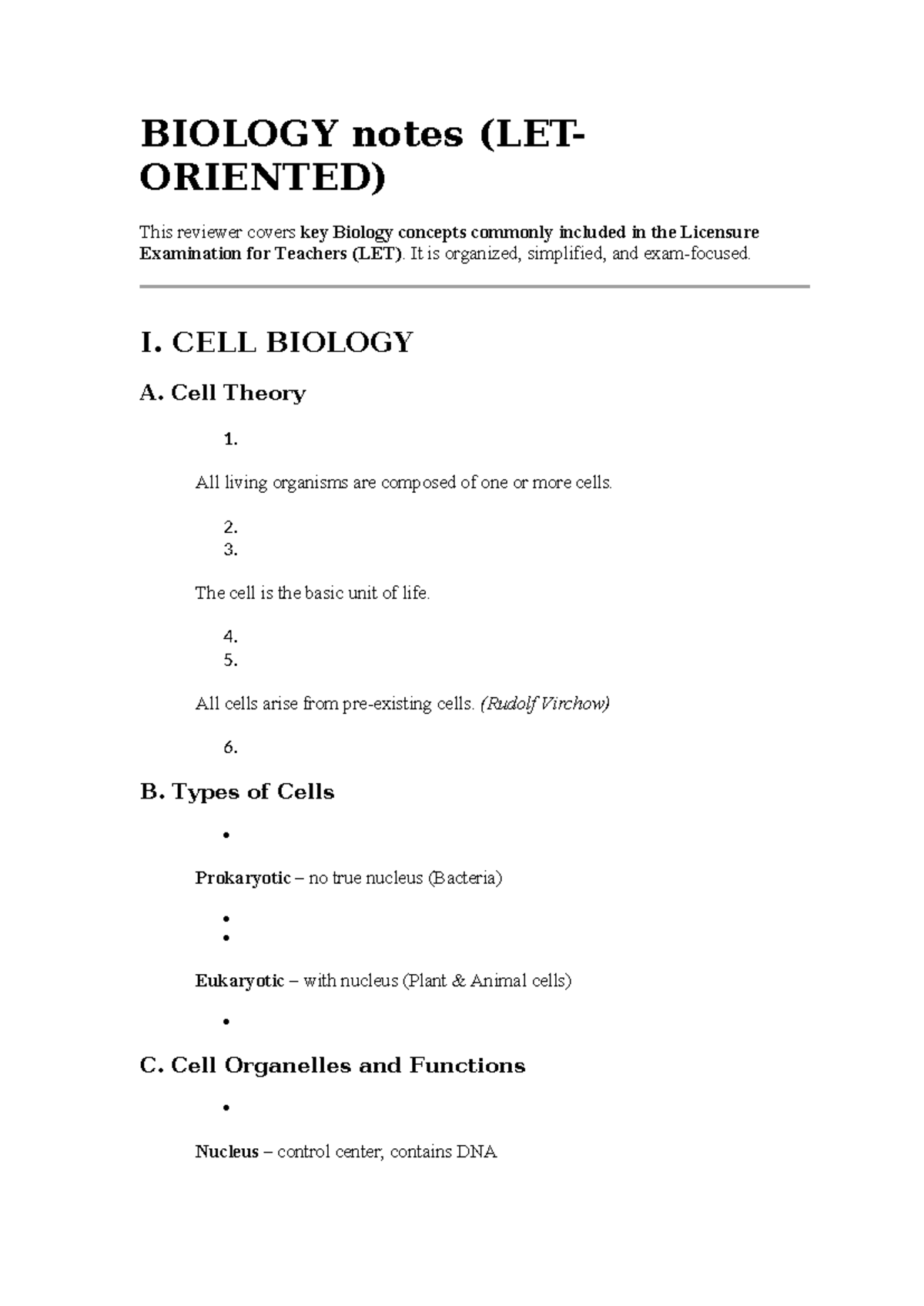 LET Biology Notes for Licensure Exam (LET) - Studocu