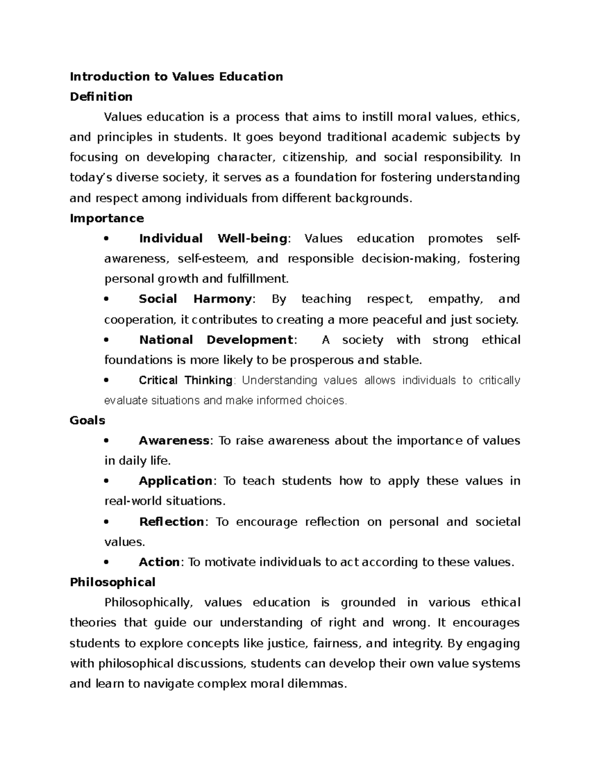 Introduction to Values Education: Concepts and Importance - Studocu