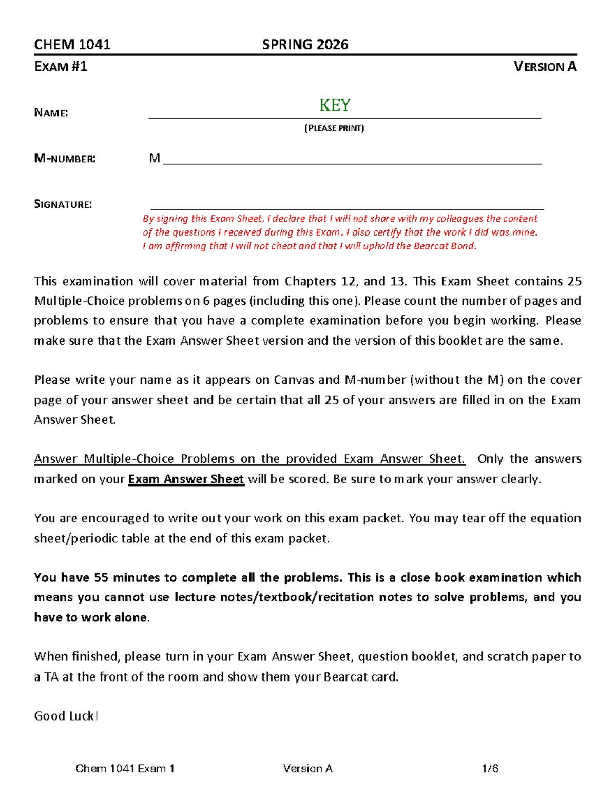 CHEM 1041 SPRING 2026 EXAM 1 VERSION A ANSWER KEY - Studocu
