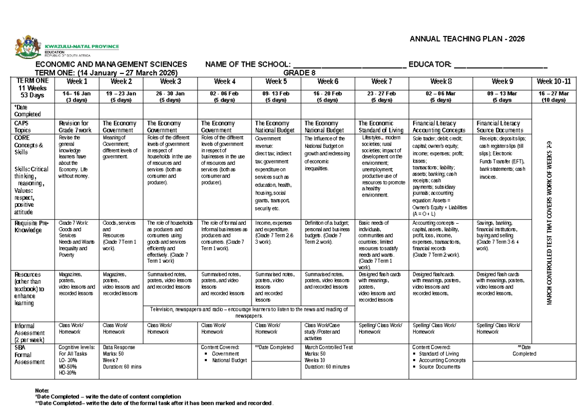 2026 EMS Annual Teaching Plan for Grade 8: Complete Overview - Studocu
