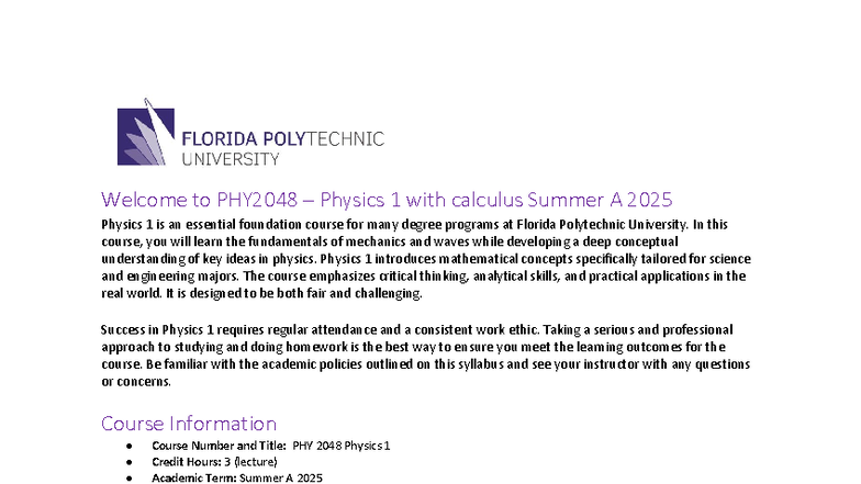 PHY 2048 01 Physics 1 with Calculus Syllabus Summer A 2025 - Studocu
