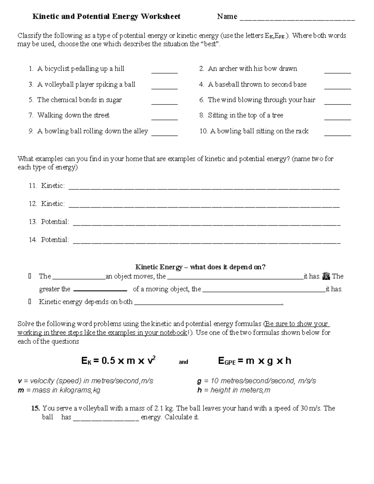 Kinetic and Potential Energy Worksheet (Physics 101) - Studocu