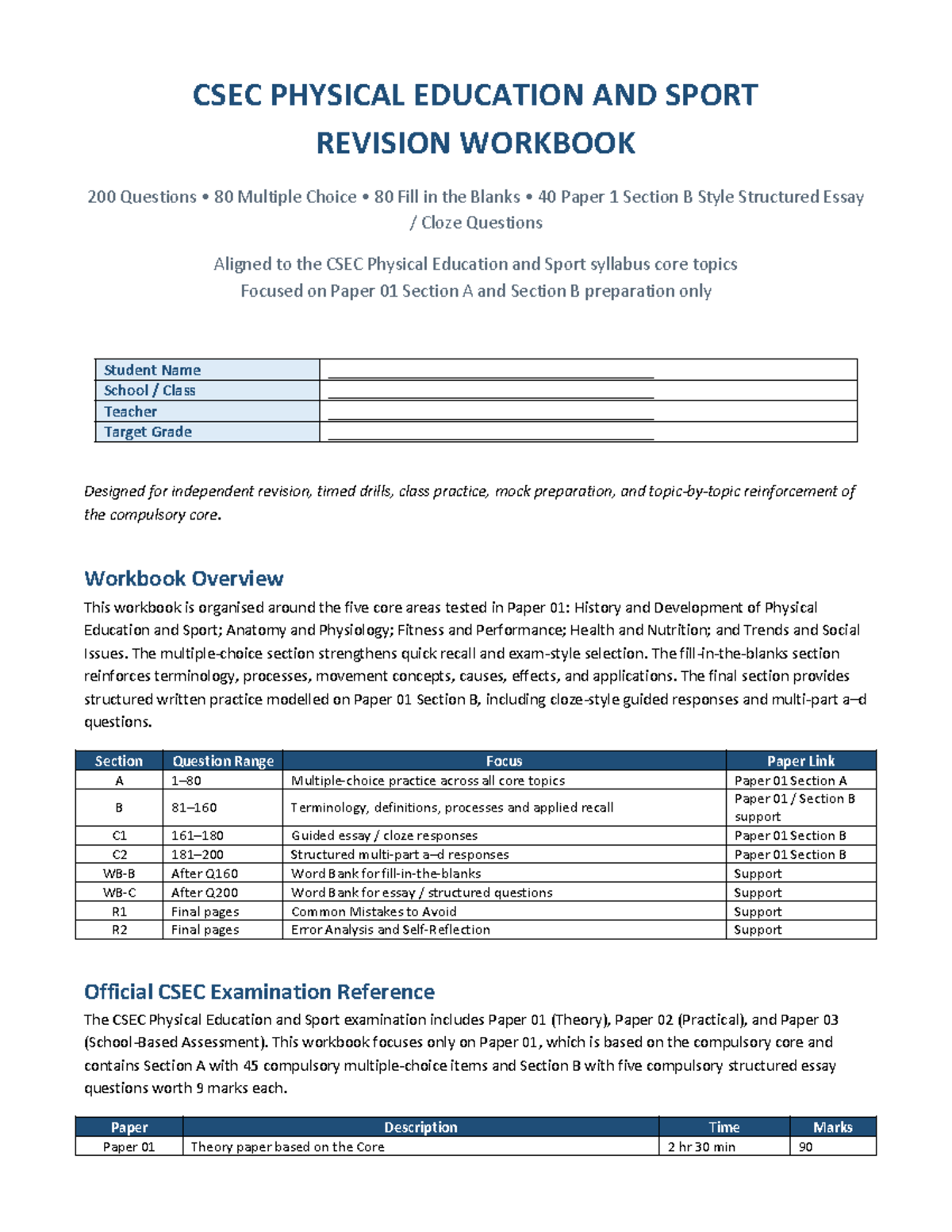 CSEC Physical Education Revision Workbook: 200 Questions for Paper 1 ...