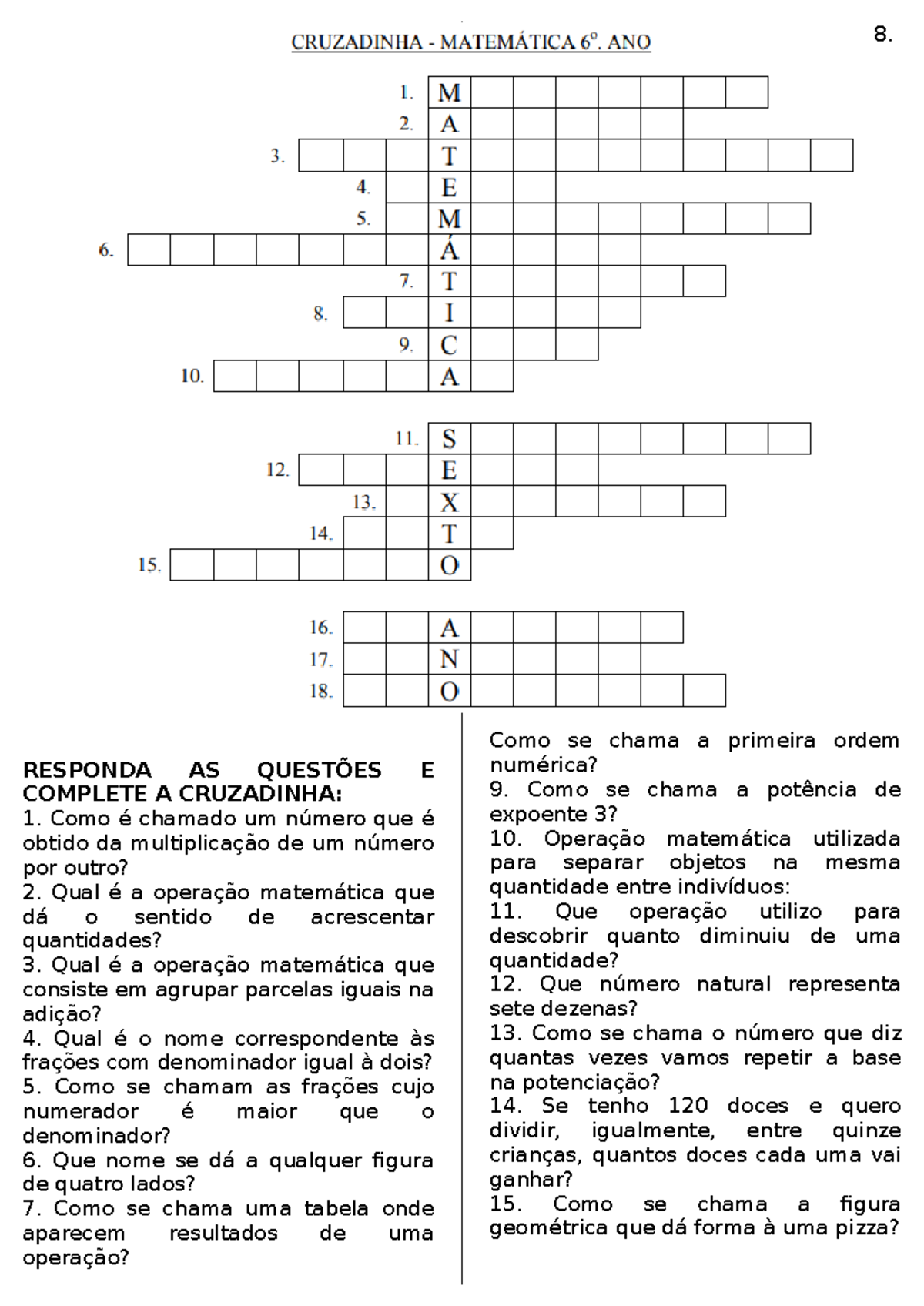 Cruzadinha de Matemática: Questões e Respostas - Studocu