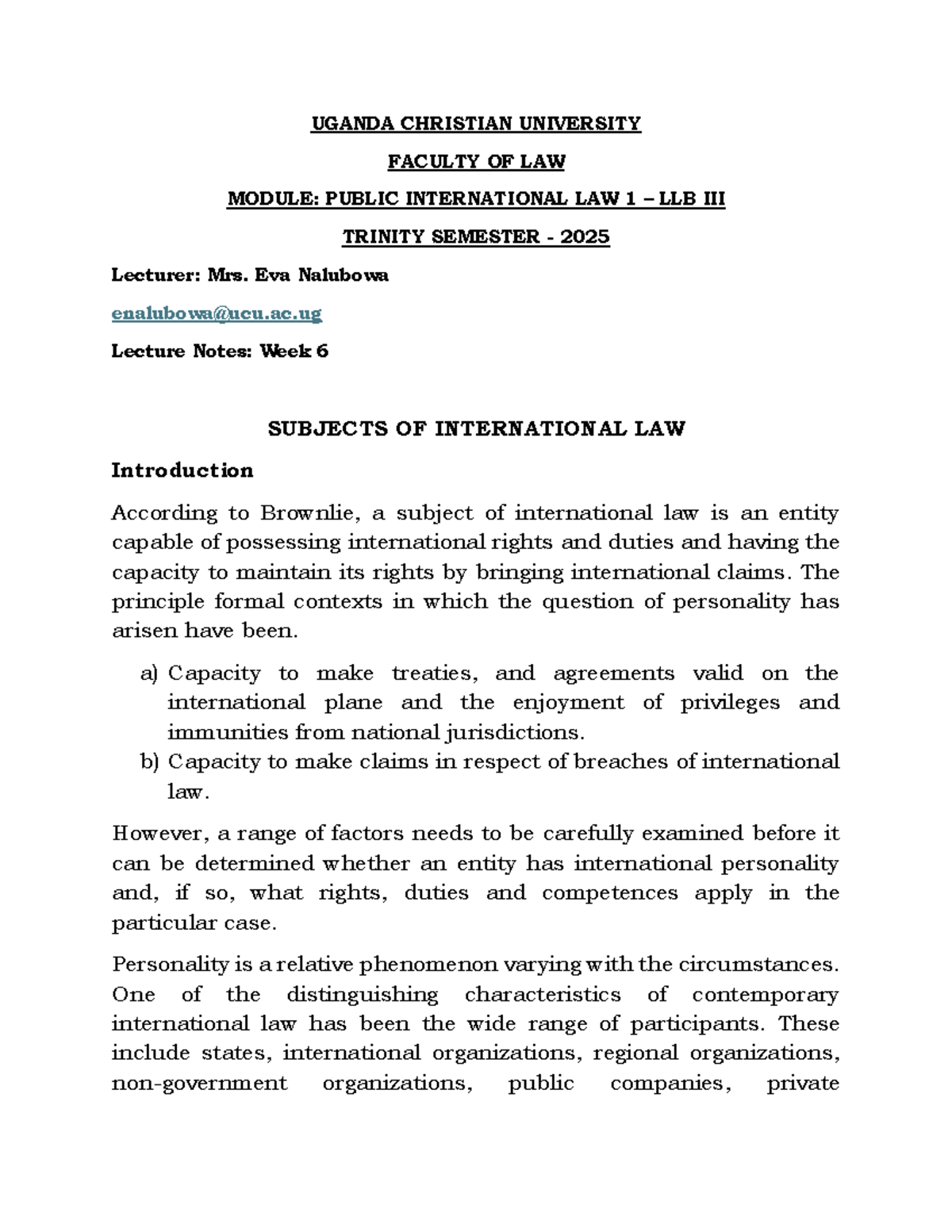 Public International Law 1 (LLB) - Week 6 Lecture Notes on Subjects ...