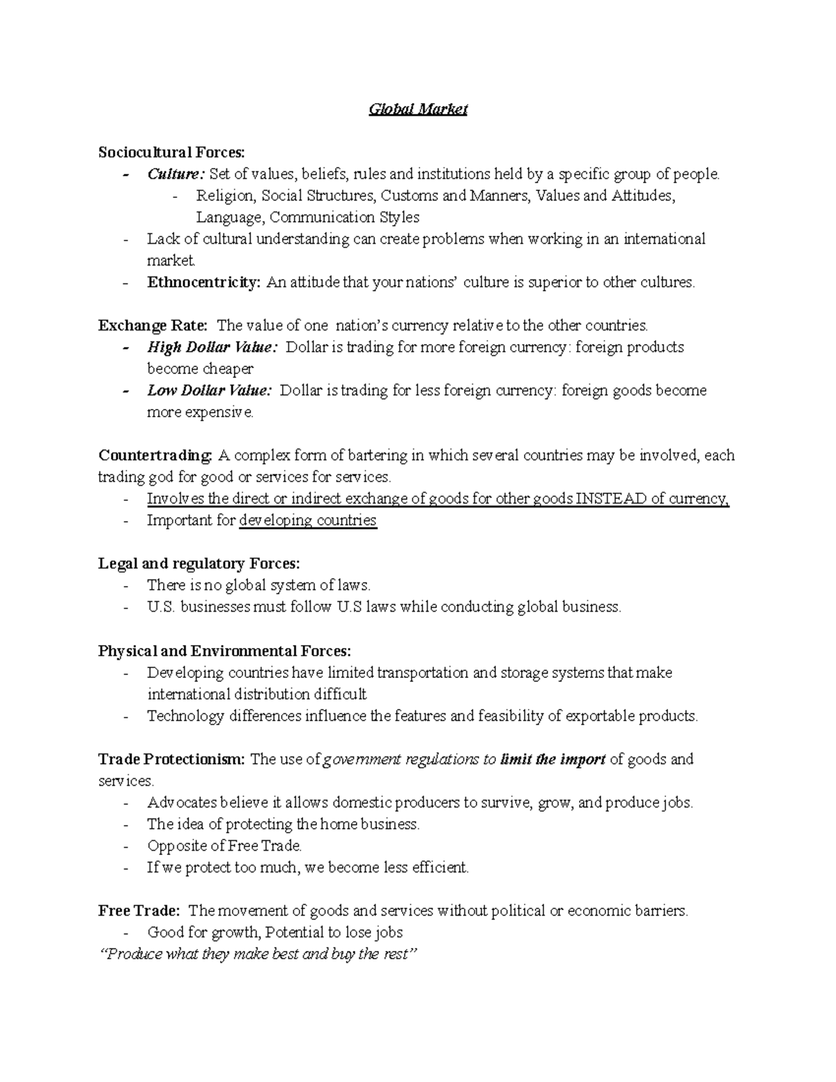 BUS100 - Chapter 3 Notes: Global Market Sociocultural & Trade Forces ...