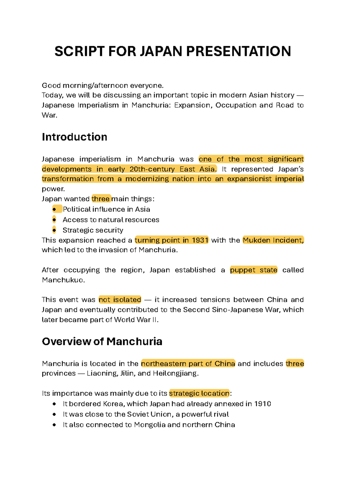 SCRIPT FOR JAPAN PRESENTATION: Japanese Imperialism in Manchuria - Studocu