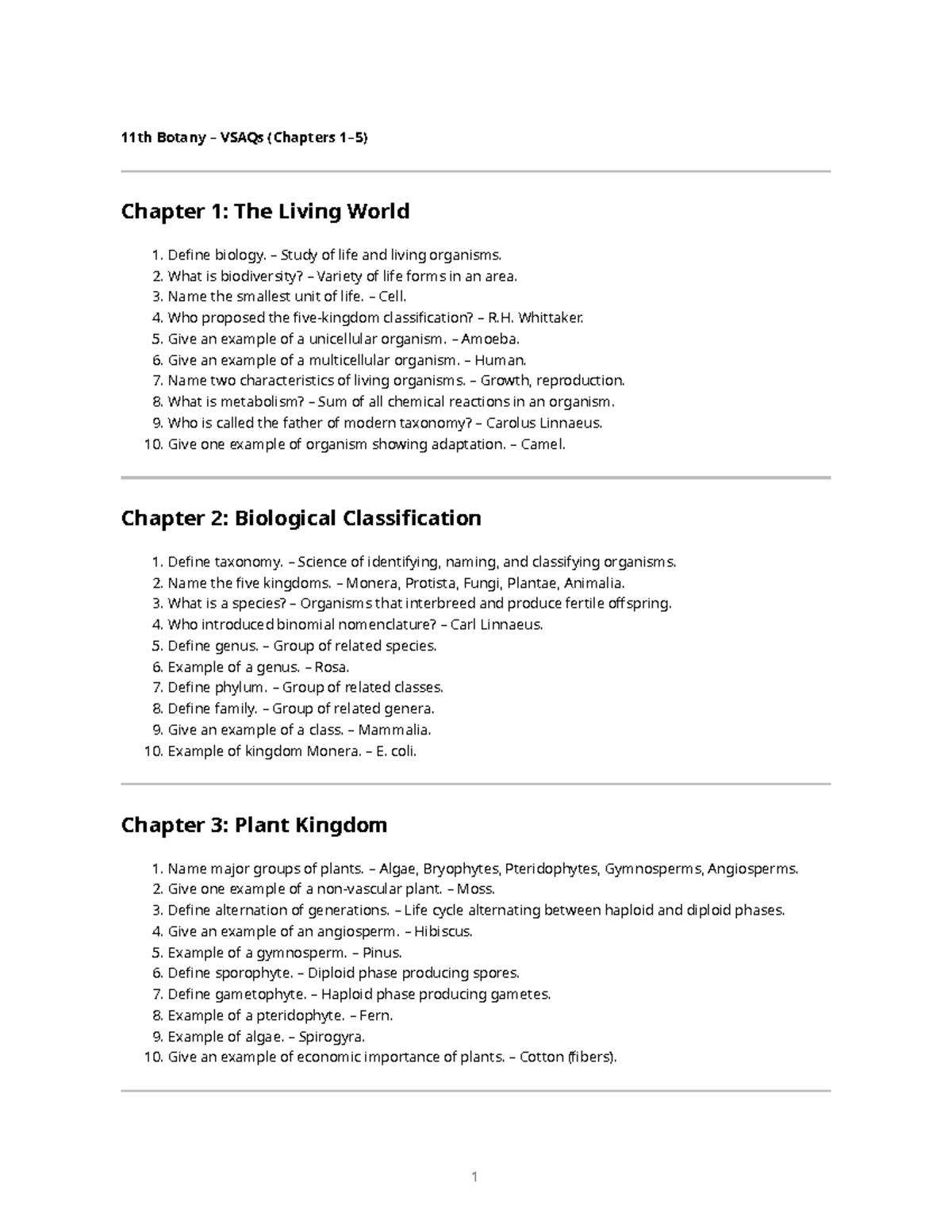 11th Botany VSAQs: Chapters 1-3 Overview and Key Concepts - Studocu