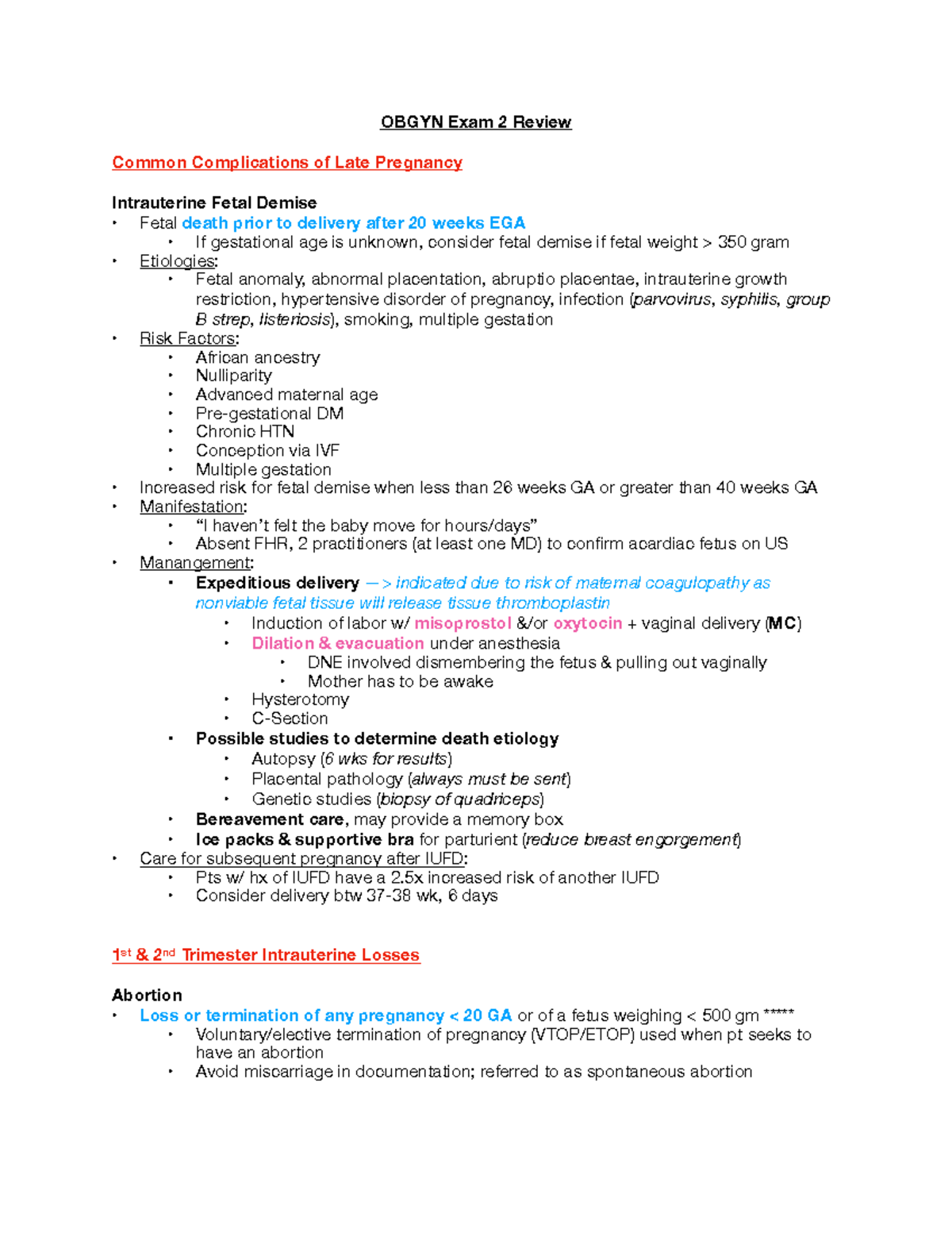 Ob Gyn Exam Study Guide - OBGYN Exam 2 Review Common Complications of ...