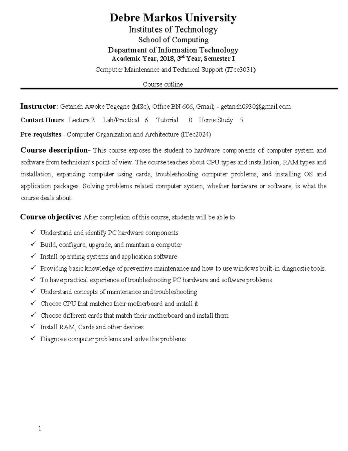 ITec3031 - Computer Maintenance & Technical Support Course Outline ...