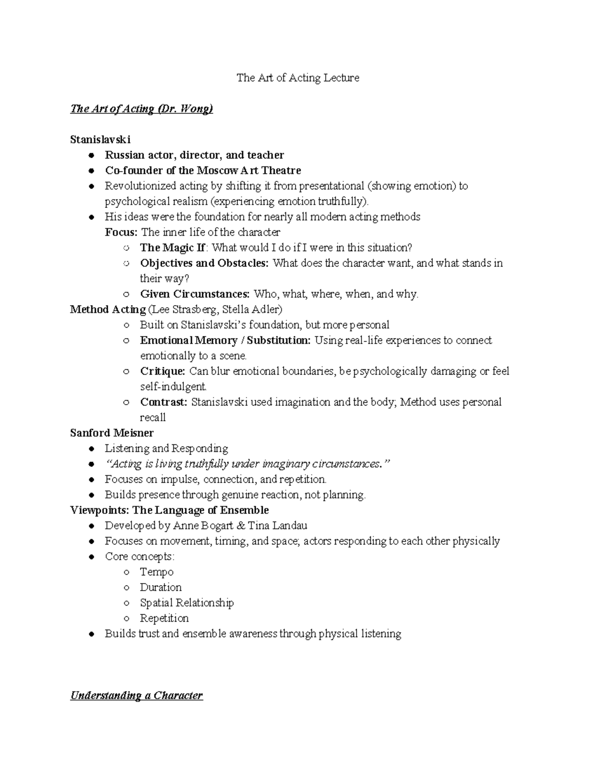 TH 210 The Art of Acting: Key Concepts and Character Analysis - Studocu