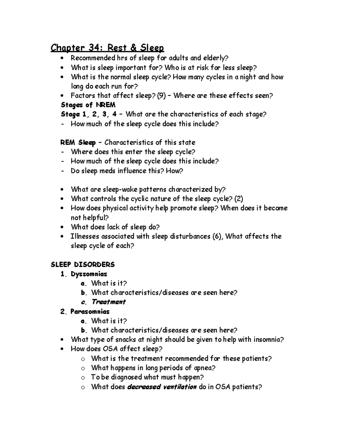 NURS 3050: Exam 2 Review Sheet on Rest and Sleep Principles - Studocu