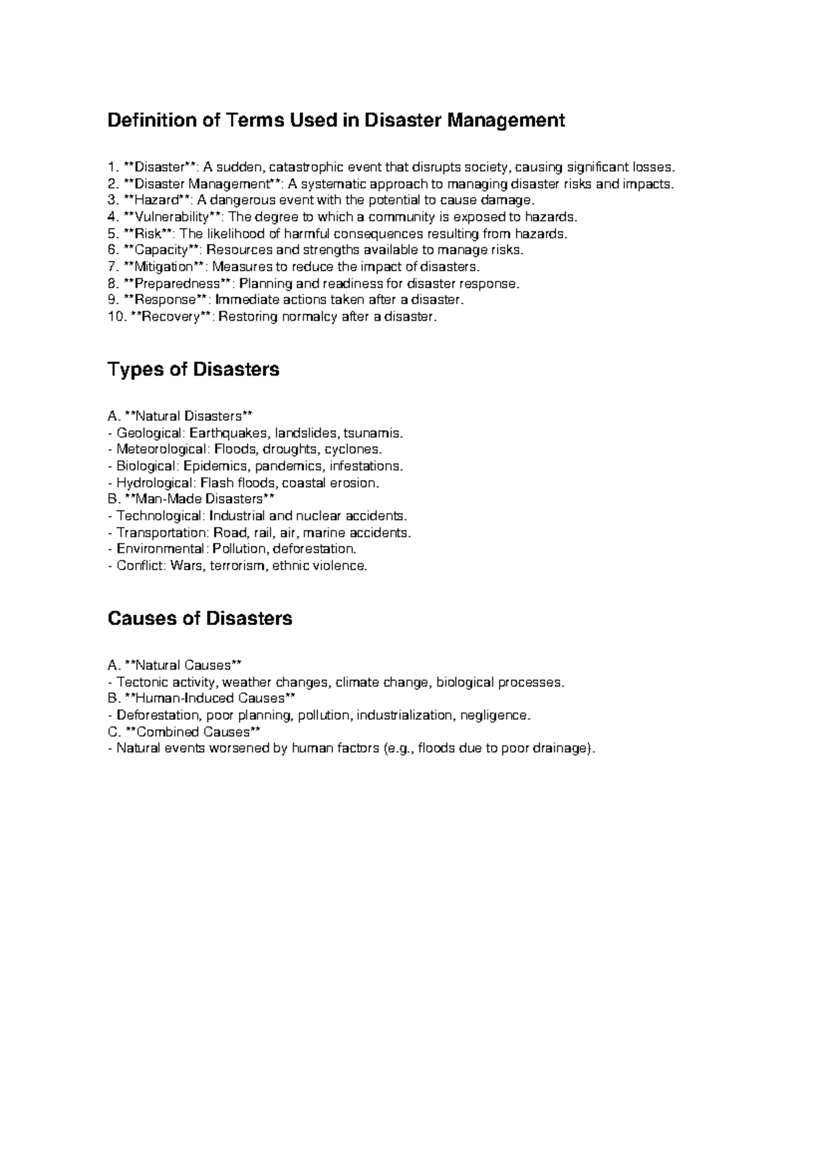 Disaster Management Notes: Key Terms and Types of Disasters - Studocu
