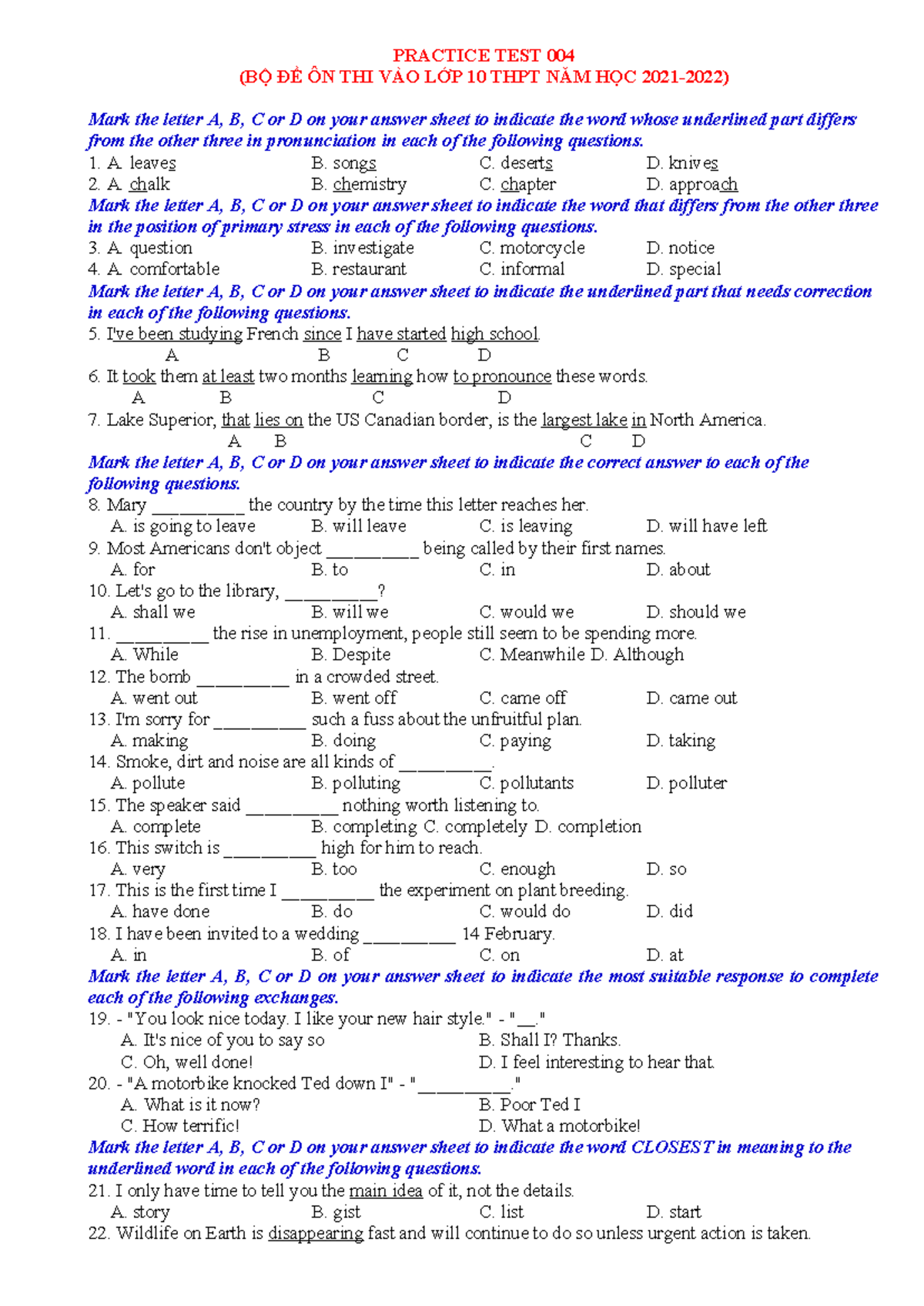 PRACTICE TEST 004 - Tiếng Anh Vào 10 (BỘ ĐỀ ÔN THI) - Studocu