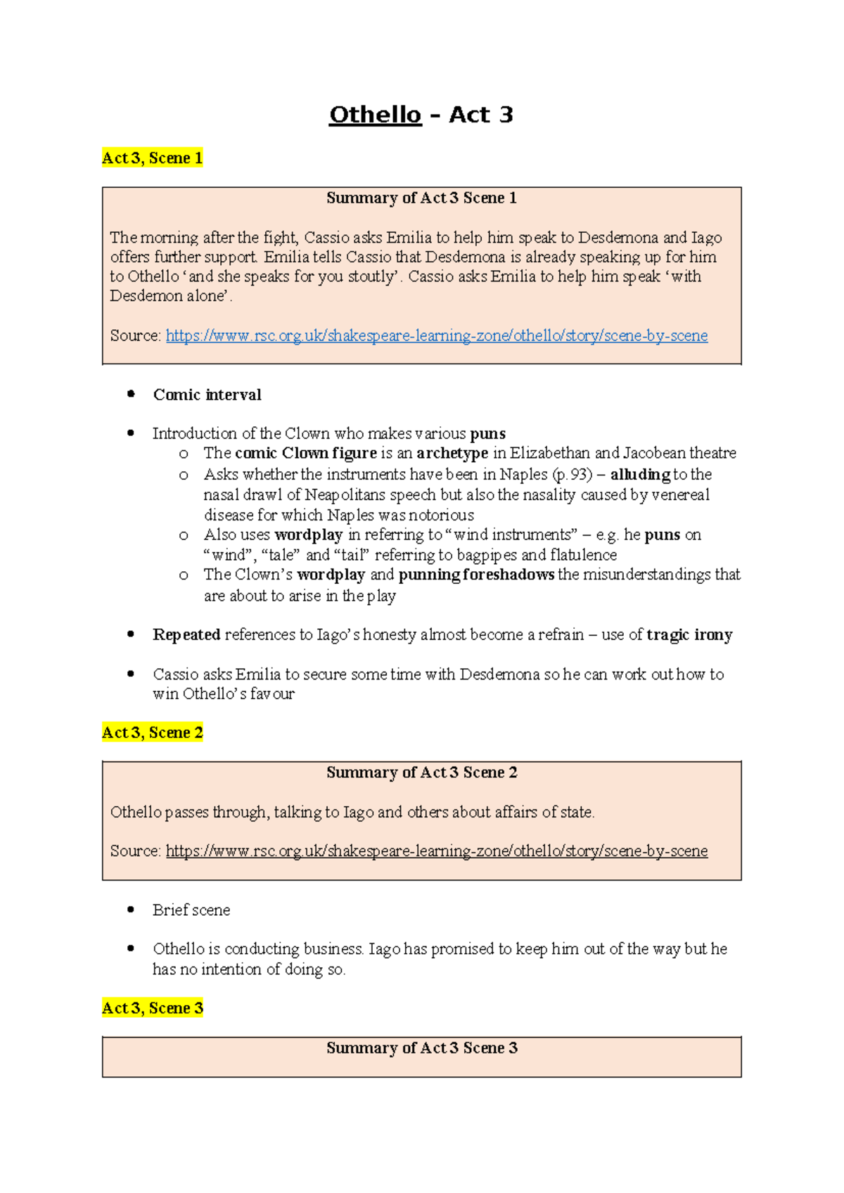 Act 3 Summary & Analysis: Othello (ENG 101) - Studocu