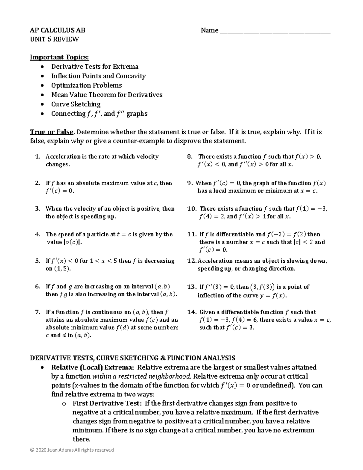 AP CALCULUS AB UNIT 5 REVIEW: Derivative Tests & Optimization - Studocu