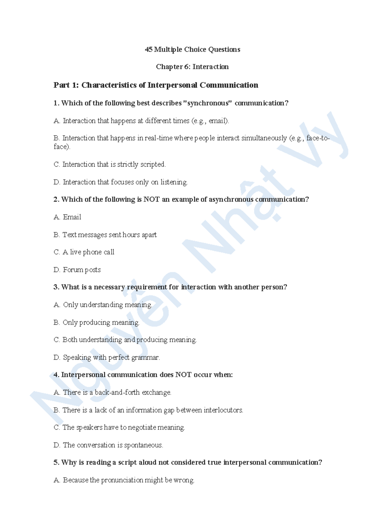 45 MCQs for Chapter 6: Interpersonal Communication Characteristics ...